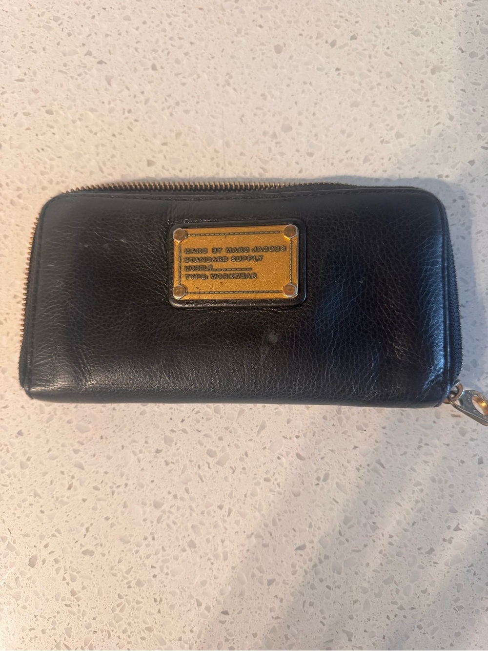 Marc Jacobs Black Leather Zip Around Wallet with Gold Plaque